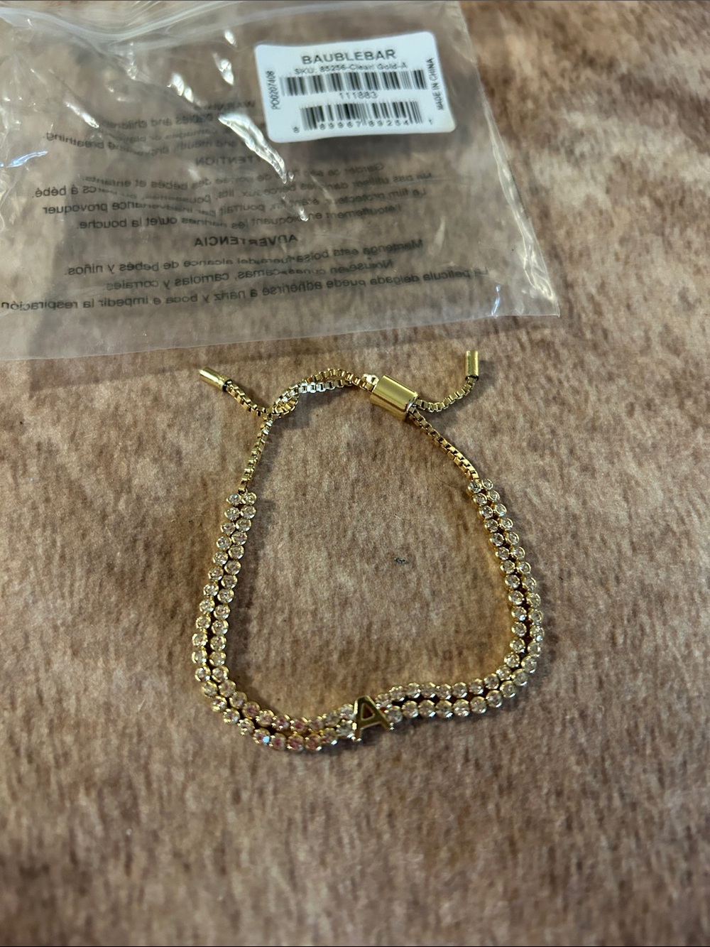 BaubleBar Gold Crystal Initial A Adjustable Slider Bracelet